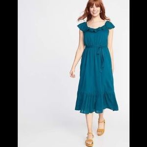 Cami Ruffle Tie Waist Teal Dress NEW
